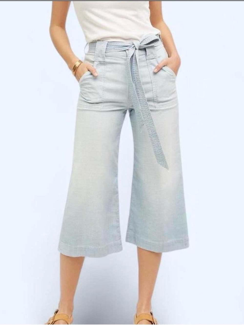 Seven7 Light Blue High-Rise Cropped Wide-Leg Pants with Tie Waist